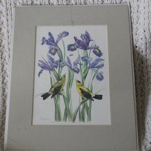 Floral and Bird Art Painting with Purple and Yellow Accents